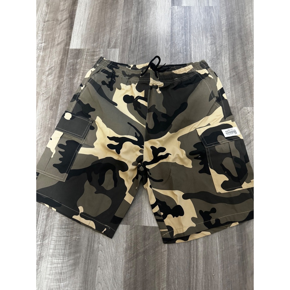 HKS by Song Mens Camo Cargo Shorts Green Tan Camouflage Drawstring Size M